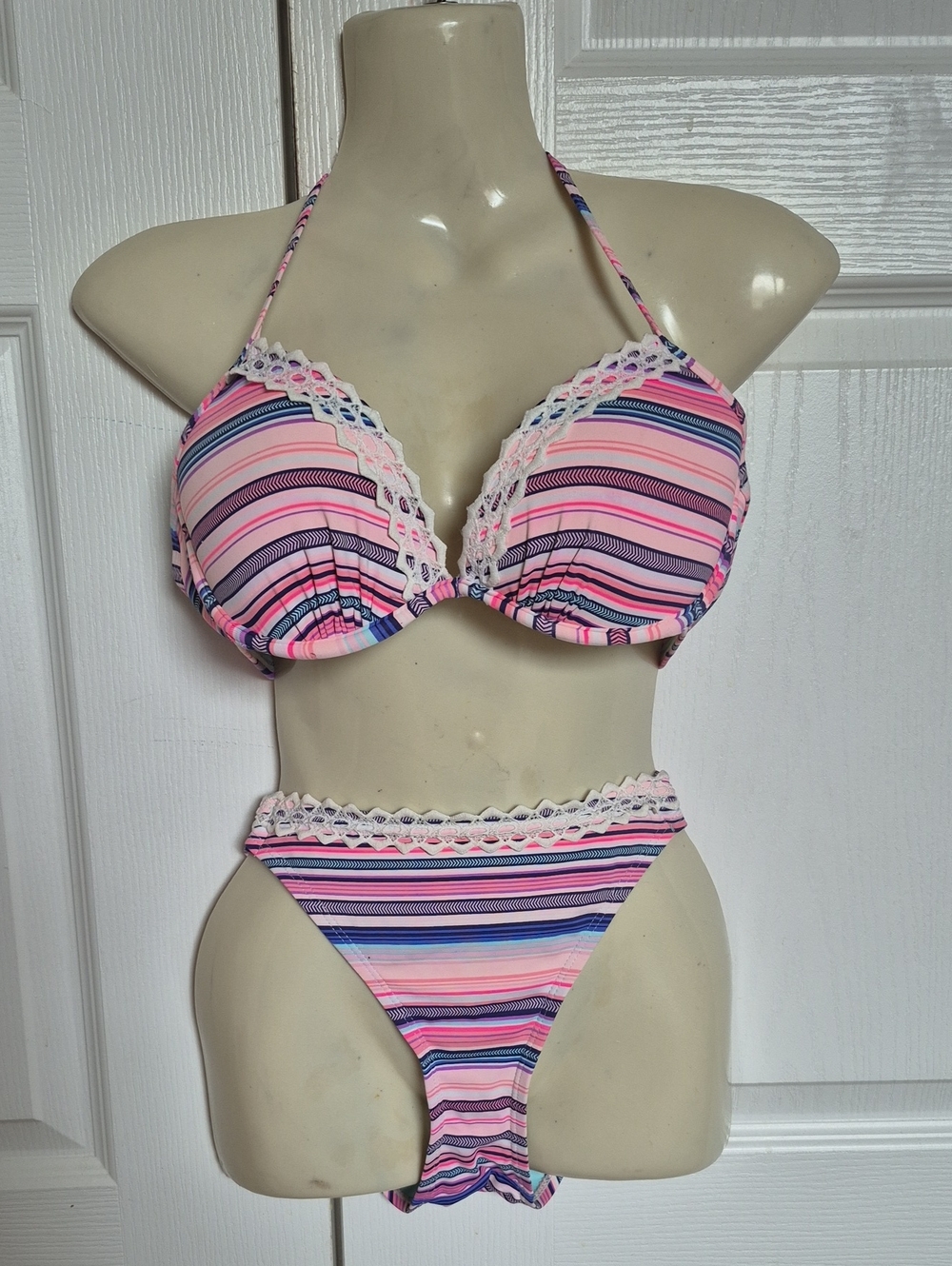Ardene Pink & Navy Striped Lace-Trim Halter Bikini Set